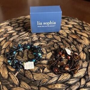 Lia Sophia Blue holographic and Brown Beaded Jewelry 2 Bracelets